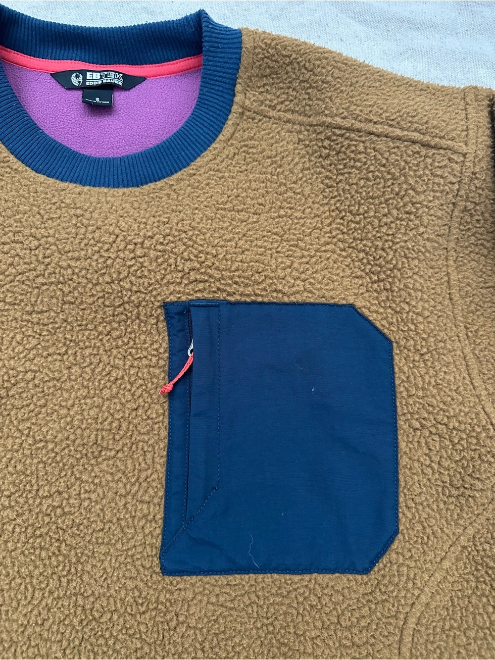 Eddie Bauer EBTEK Sherpa Fleece Pullover Sweater Brown Blue Small Vintage Vibe - Picture 9 of 10